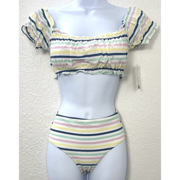COCOFREE Womens XL Pastel Stripe Puff Sleeve Bandeau High Waist BIKINI Swimsuit - Picture 1 of 8